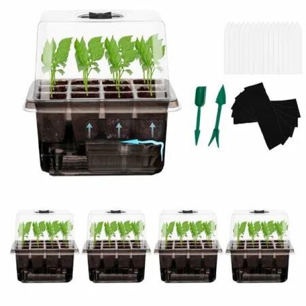 Seed Starter Trays Self-Watering - Kit with Humidity Dome,5-Pack 60-Cell Plant Seedling Tray,Reusable Germination Trays