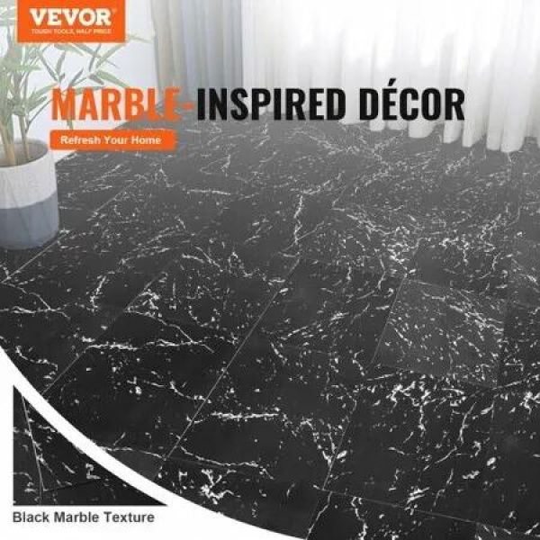 Self Adhesive Vinyl Floor Tiles 12 x 12 inch 50 Tiles 1.5mm Thick Peel & Stick Black Marble Texture DIY Flooring