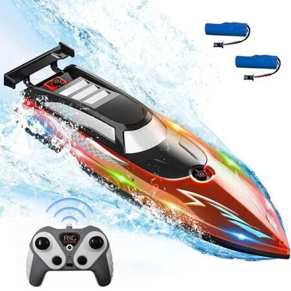 Self Righting RC Boat with LED Light for Men Women and Kids 4 to 12, 2.4Ghz Fast RC Boat, Red