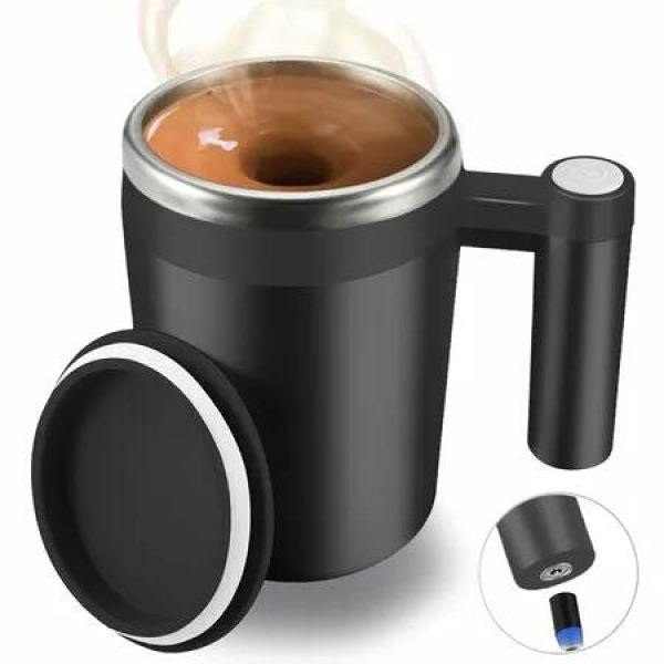 Self Stirring Mug,Rechargeable Auto Magnetic Coffee Mug with 2Pc Stir Bar,Waterproof Automatic Mixing Cup Black
