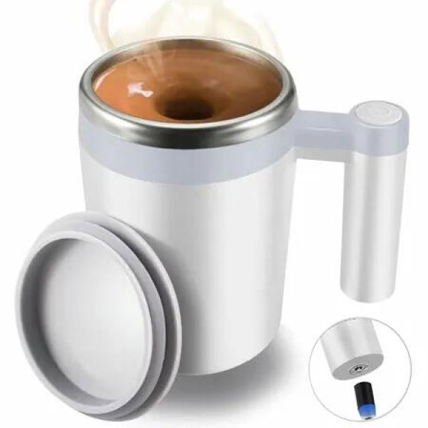 Self Stirring Mug,Rechargeable Auto Magnetic Coffee Mug with 2Pc Stir Bar,Waterproof Automatic Mixing Cup White