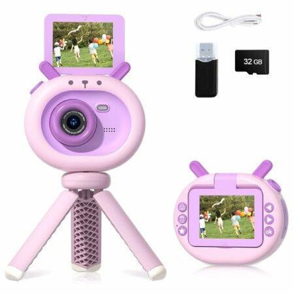 Selfie Camera Toys 180 Degree Flip Screen for 1080P Children's Digital Video Camcorder with 32GB Card and Tripod (Pink)