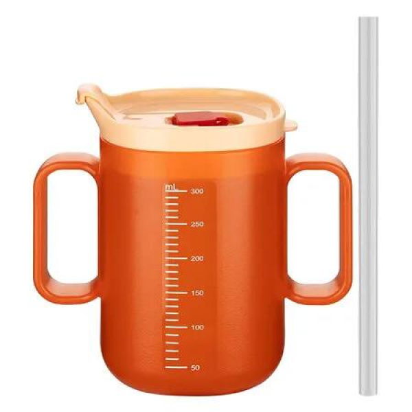 Senior Water Cup Sippy Cups for Elderly, Safe Silicone Spill Proof Cups with 2 Handles Straw and Lid for Men Women for Hospital Patients, Elderly, Orange