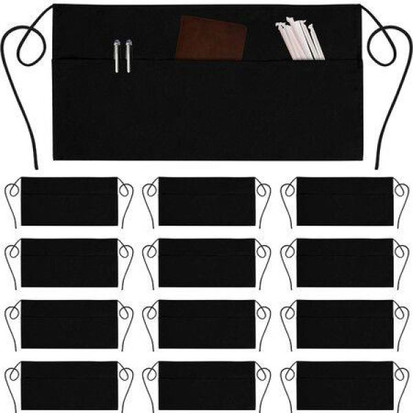 Server Aprons With 3 Pockets - Waist Apron Waitress Apron For Women And Men Water Resistant With Long Waist Strap Reinforced Seams Half Apron (12 Pack Black)