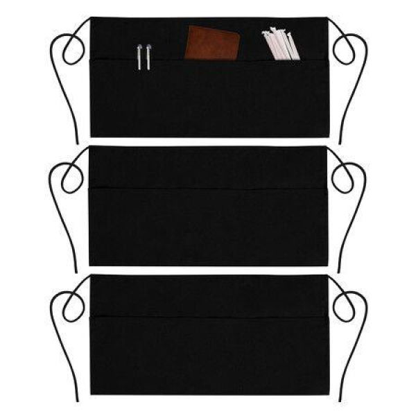 Server Aprons With 3 Pockets - Waist Apron Waitress Apron For Women And Men Water Resistant With Long Waist Strap Reinforced Seams Half Apron (3 Pack Black)