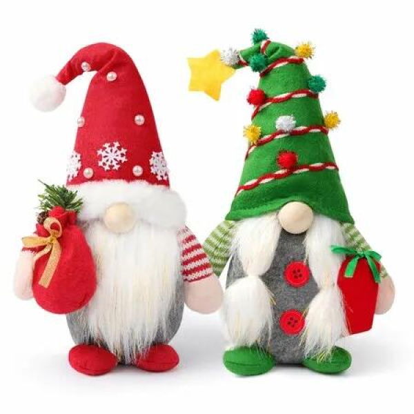 Set of 2 Christmas Gnome Plush Decorations,Xmas Farmhouse Tiered Tray Decor Red Green Handmade Scandinavian Tomte,Home Tabletop Elf Ornaments