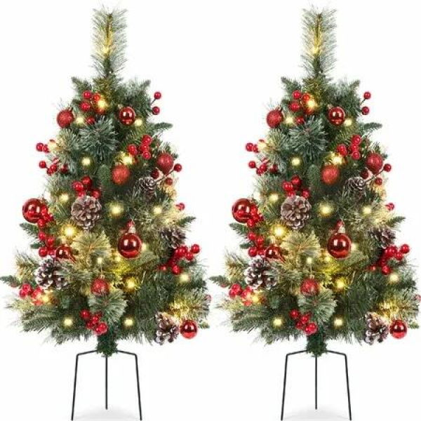 Set of 2 Outdoor Pathway Christmas Trees with Lights,76cm Prelit Battery Operated Artificial Xmas Tree Holiday Decor