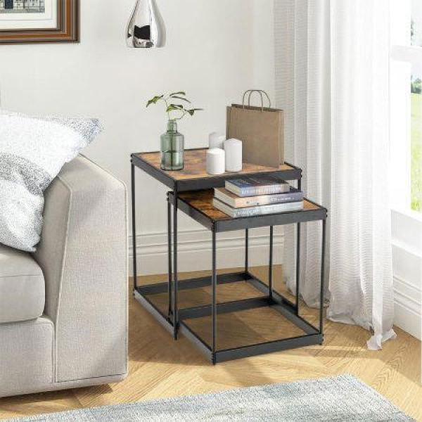 Set Of 2 Square Nesting Tables With Sturdy Steel Frame For Living Room