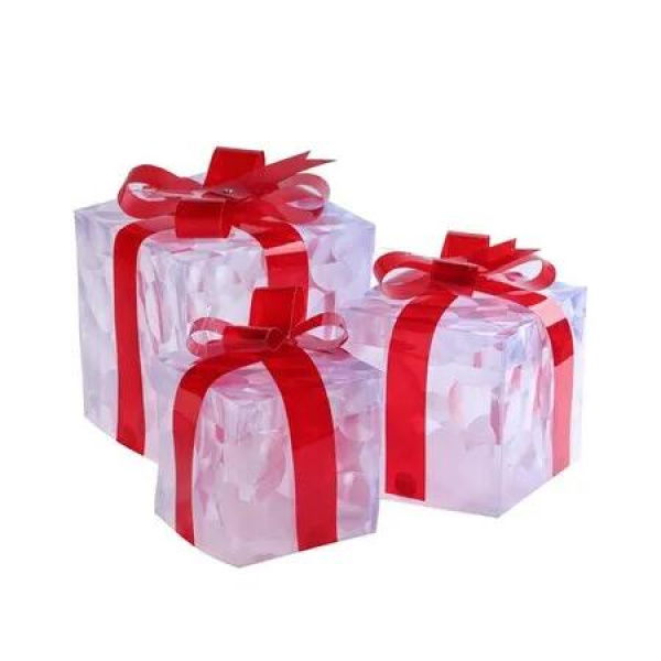 Set of 3 Christmas LED Lighted Gift Boxes 60 Transparent Warm White Lights Red Bows for Tree Yard Home Decorations