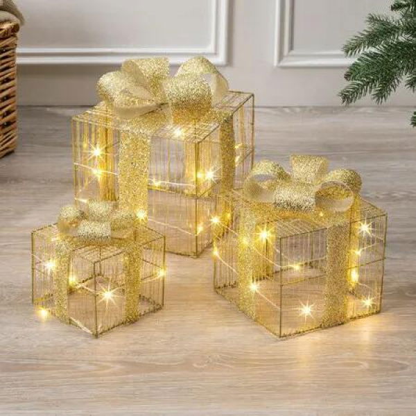 Set of 3 Christmas Light Gift Boxes Decorations LED Light Up AAA Battery Power Tree Ornament Indoor Outdoor Holiday Party Home Yard Size 15CM 20CM 25CM