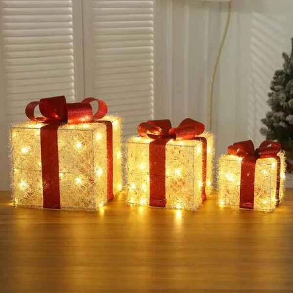 Set of 3 Christmas Light Gift Boxes Decorations LED Light Up AAA Battery Power Tree Ornament Indoor Outdoor Holiday Party Home Yard Size 15CM 20CM 25CM