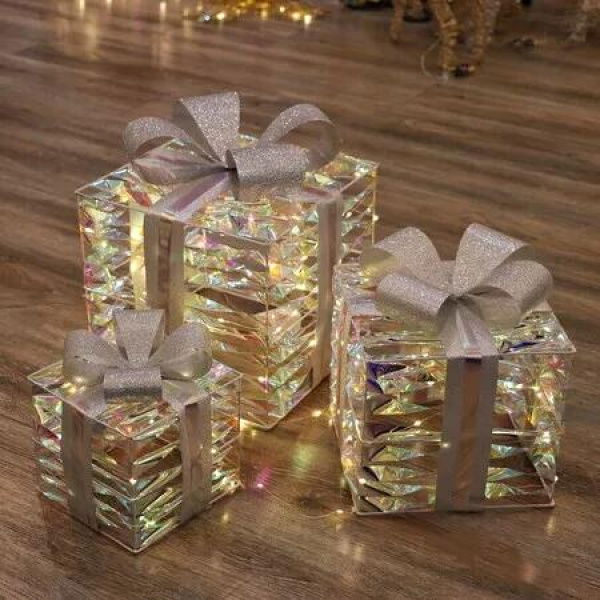 Set of 3 Christmas Light Gift Boxes Decorations LED Light Up AAA Battery Power Tree Ornament Indoor Outdoor Holiday Party Home Yard Size 15CM 20CM 25CM