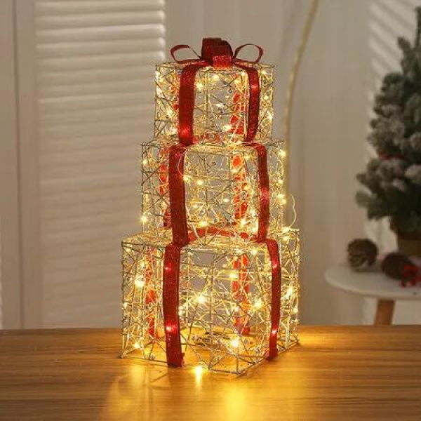 Set of 3 Christmas Light Gift Boxes Decorations LED Light Up AAA Battery Power Tree Ornament Indoor Outdoor Holiday Party Home Yard