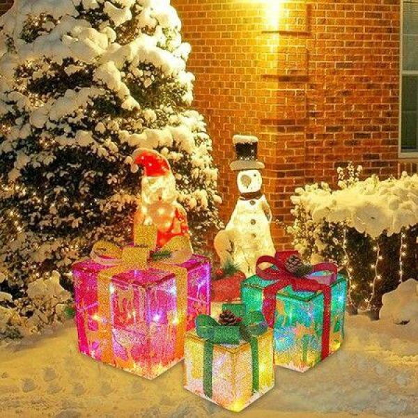 Set of 3 Christmas Lighted Gift Boxes with Remote Control, LED Light up Xmas Present Ornament for Tree Indoor Outdoorï¼ŒXms Lights Decorations (01-3PCS)