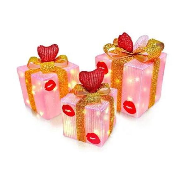 Set of 3 Christmas Valentine's Day Lighted Gift Boxes Pink Red 60 LED Battery Operated Decorations for Indoor Outdoor