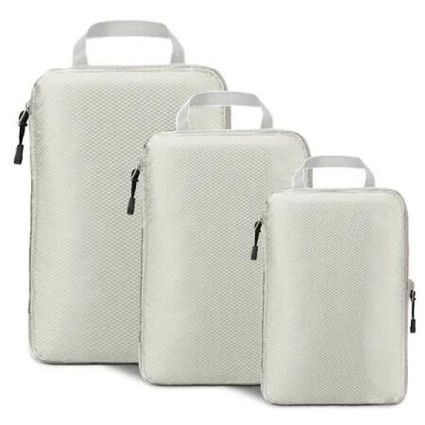 Set of 3 Compression Packing Cubes Super Thin and Sturdy Nylon Expandable Packing Organizer for Travel Accessories Luggage Suitcase (Beige)