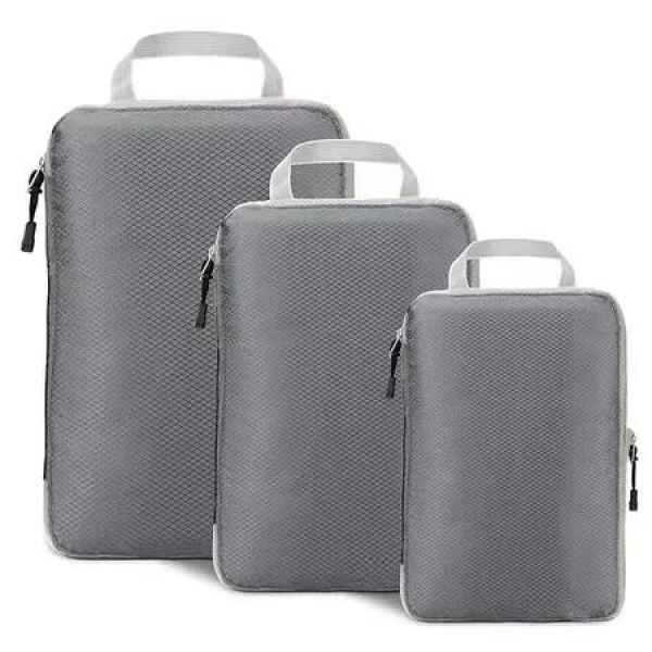 Set of 3 Compression Packing Cubes Super Thin and Sturdy Nylon Expandable Packing Organizer for Travel Accessories Luggage Suitcase (Gray)