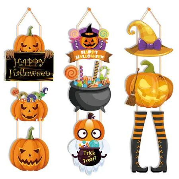 Set of 3 Halloween Paper Party Decorations Pumpkin Magic Hat Lollipop Door Hangings for Indoor Outdoor Home Holiday