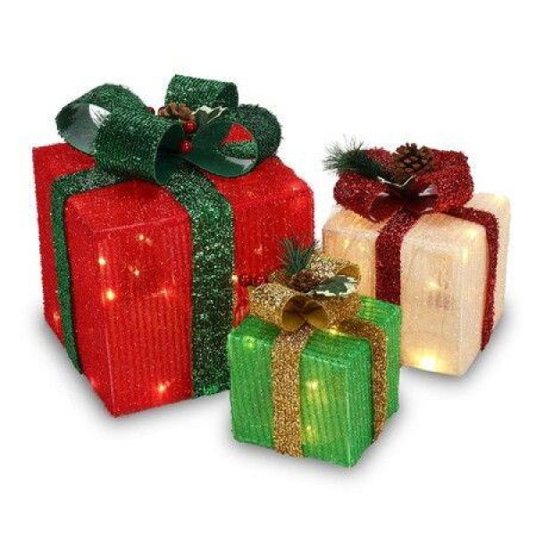 Set of 3 Lighted Gift Boxes Christmas Decorations 60 LED Red Green and Blue Stripe Pre-lit Present Boxes, Christmas Home Gift Box Decorations