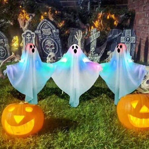 Set of 3 Lighted White Cloth Ghost Stakes 50cm Tall Halloween Decorations for Indoor and Outdoor Haunted House Party