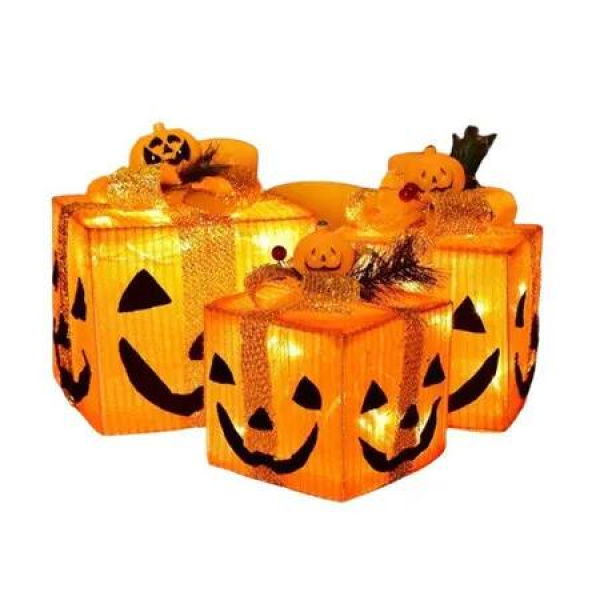 Set of 3 Orange Halloween Pumpkin Decorations Lighted Battery Operated Gift Boxes for Indoor Outdoor and Party