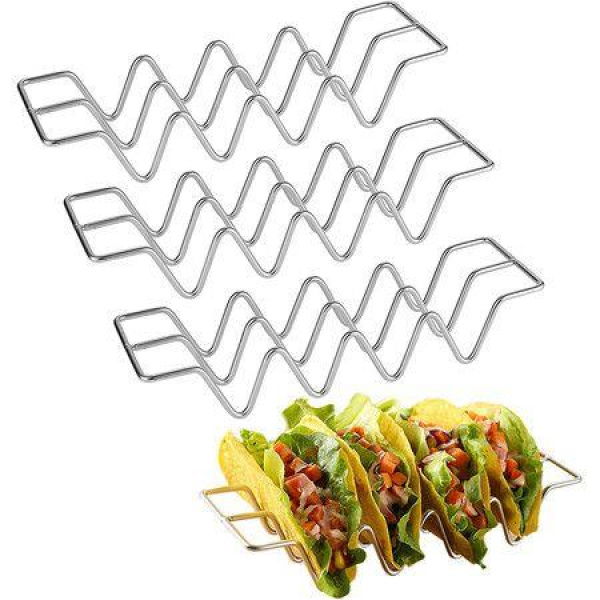 Set Of 3 Stainless Steel Taco Holders - Holds 4 Tacos Each - Oven Safe For Baking Dish Drainer And Grill