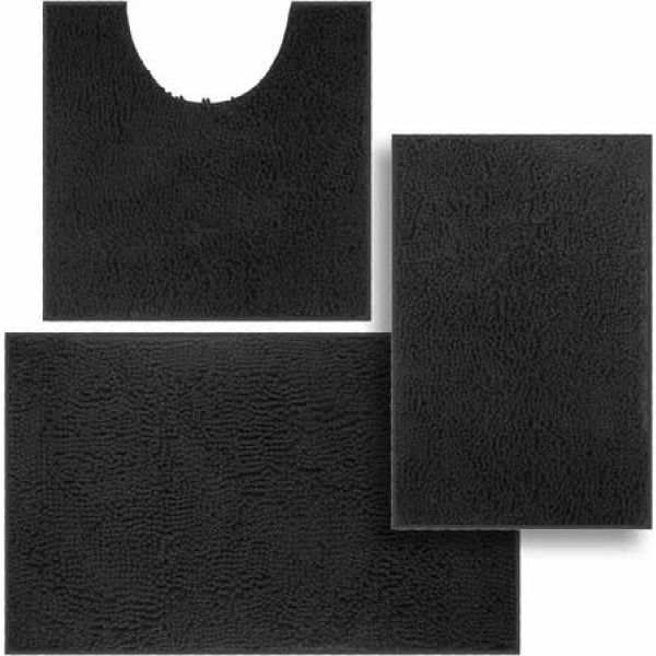 Set of 3 Ultra Soft Non Slip Chenille Absorbent Shaggy Bath Mat Rugs for Bathroom Tub Shower Toilet Black