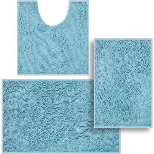 Set of 3 Ultra Soft Non Slip Chenille Absorbent Shaggy Bath Mat Rugs for Bathroom Tub Shower Toilet Blue