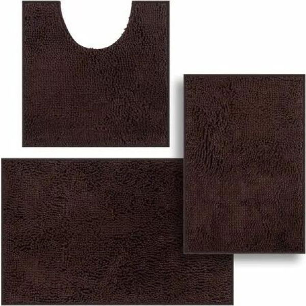 Set of 3 Ultra Soft Non Slip Chenille Absorbent Shaggy Bath Mat Rugs for Bathroom Tub Shower Toilet Brown