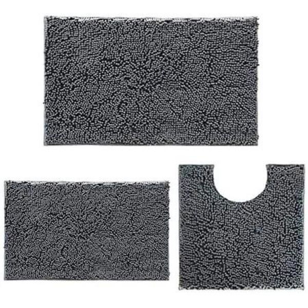 Set of 3 Ultra Soft Non Slip Chenille Absorbent Shaggy Bath Mat Rugs for Bathroom Tub Shower Toilet Dark Grey