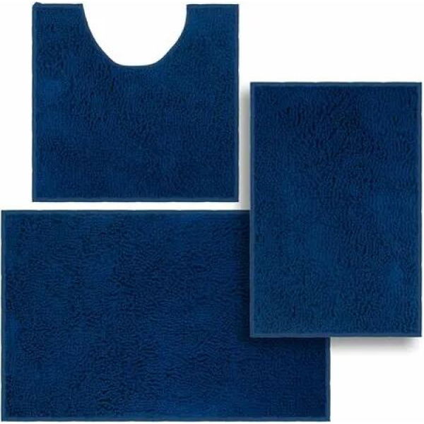 Set of 3 Ultra Soft Non Slip Chenille Absorbent Shaggy Bath Mat Rugs for Bathroom Tub Shower Toilet Navy Blue