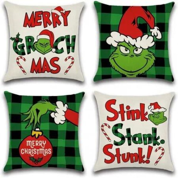 Set of 4 Christmas Decorative Throw Pillow Covers Merry Grinchmas Ho Ho Stripe Christmas Decorative Cushion Case for Home Decor 18 x 18 Inches