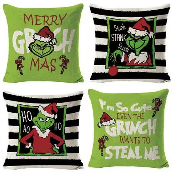 Set of 4 Christmas Decorative Throw Pillow Covers Merry Grinchmas Ho Ho Stripe Christmas Decorative Cushion Case for Home Decor 18 x 18 Inches