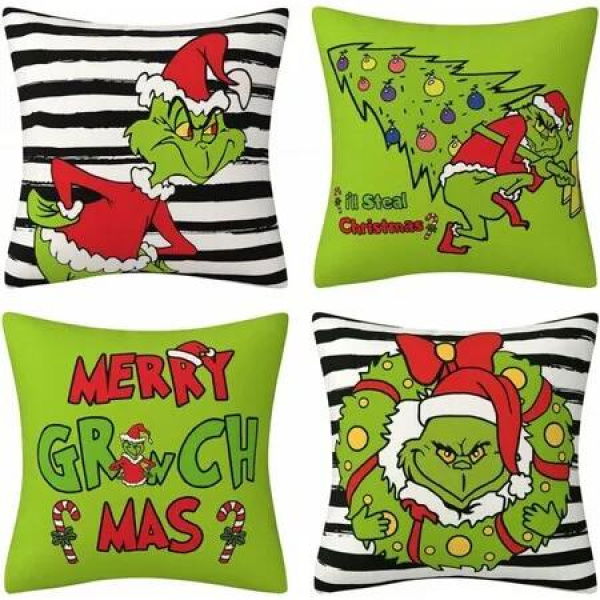 Set of 4 Christmas Decorative Throw Pillow Covers Merry Grinchmas Ho Ho Stripe Christmas Decorative Cushion Case for Home Decor 18 x 18 Inches