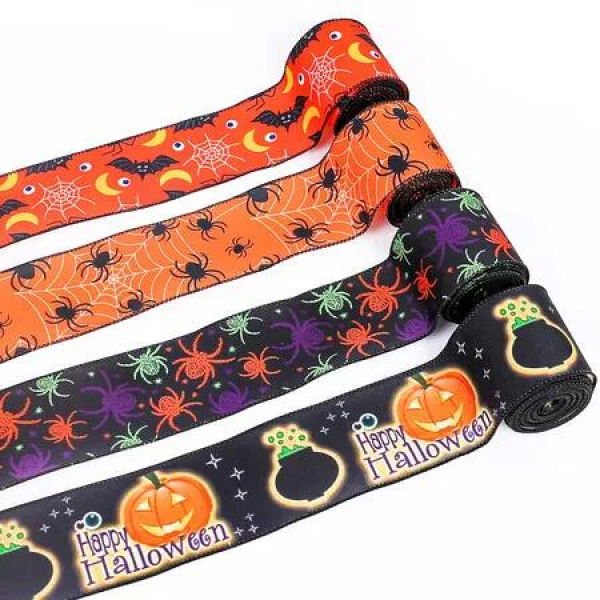 Set of 4 Halloween Wired Ribbons Rolls 5 Yards Each Spiderweb Ghost Printed 2.5 Inches Wide Polyester for Home Party Decor and DIY Wreath