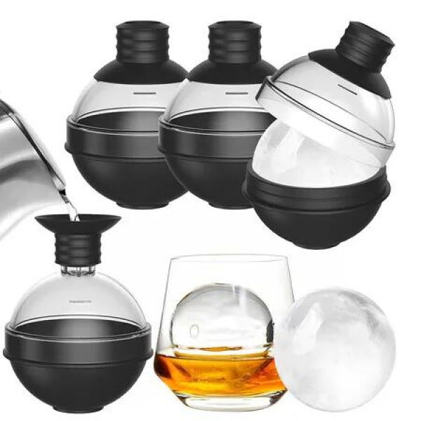 Set of 4 Large Round Ice Ball Maker Mold Silicone for Whiskey with 2 in 1 Funnel Lid, 2.4 Inch Big Sphere Ice Mold for Cocktails Bourbon