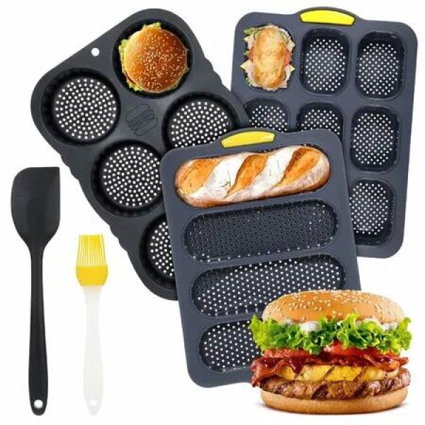Set of 5 Silicone Hamburger Bun Mold, 4/6/9 Cup Silicone Hotdog Bun Pan with Spatula Brush, Mini Baguette Pans Bread Baking Pan for Homemade Hamburger Buns
