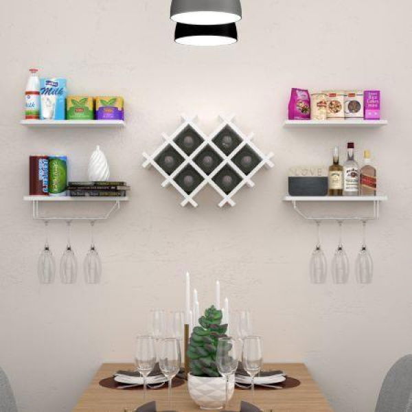 Set Of 5 Wall Mount Wine Rack Set With Storage Shelves And Glass Holder