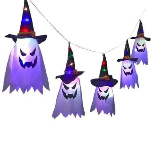 Set of 5 White Halloween Hanging Lighted Glowing Ghost Witch Hat LED Lights Outdoor Yard Indoor Patio Lawn Garden Tree Decor for Party