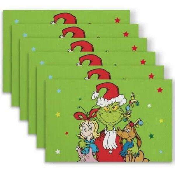 Set of 6 Christmas Table Placemats,Green Xmas Placemats for Dining Table Decor, Washable Table Mats for Christmas Holiday Home Kitchen Decor