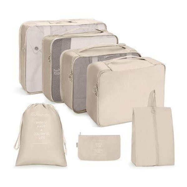 Set of 7 Luggage Cubes for Travel, Travel Luggage Organizer Bags, Suitcase Organizer Bags with Different Travel Accessories Bags for Men and Women,Beige