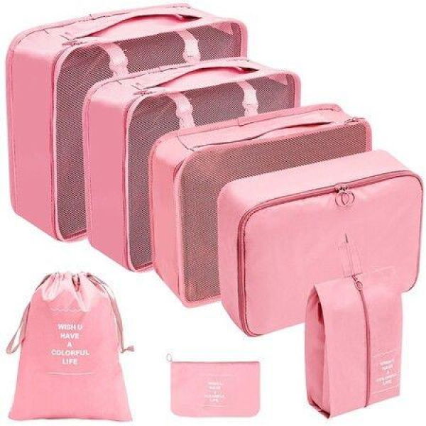 Set of 7 Luggage Cubes for Travel, Travel Luggage Organizer Bags, Suitcase Organizer Bags with Different Travel Accessories Bags for Men and Women,Pink