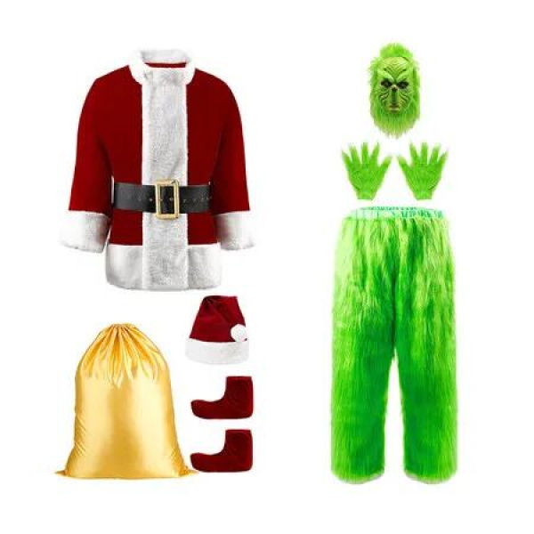 Set of 8 Green Santa Costumes for Men Woman Halloween Furry Santa Suit with Mask Christmas Cosplay Outfit Size 2XL