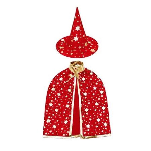 Set of Kids Halloween Red Wizard Capes with Hat And Cloak Props for Children Costumes