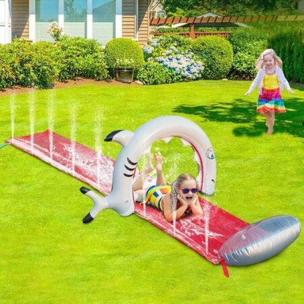 Shark Lawn Sprinkler Water Slide Red With Spraying And Inflatable Crash Pad For Kids Outdoor Play Pool Toys