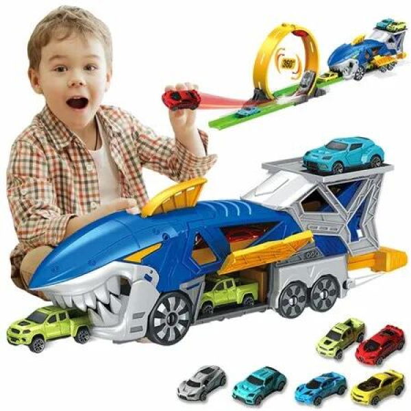 Shark Racing Car Playset with Carrier Truck,Loop Track Launcher 6 x 1:64 Scale Race Vehicles STEM Toys for Kids 3+