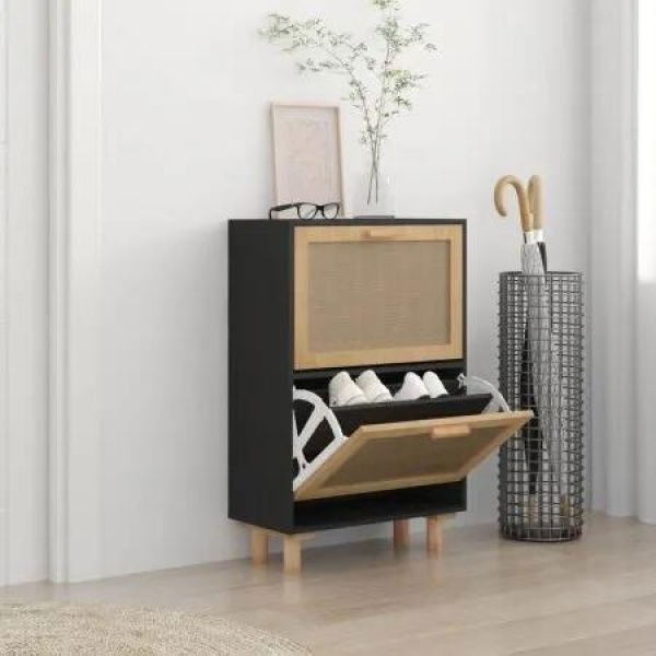 Shoe Cabinet Black 52x25x80 cm Engineered Wood and Natural Rattan