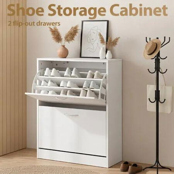 Shoe Cabinet Cupboard Hidden Sneaker Footwear Storage Rack 2 Flip Drawers Adjustable Shelves Wooden Furniture Vertical Hall Entryway Home Organiser