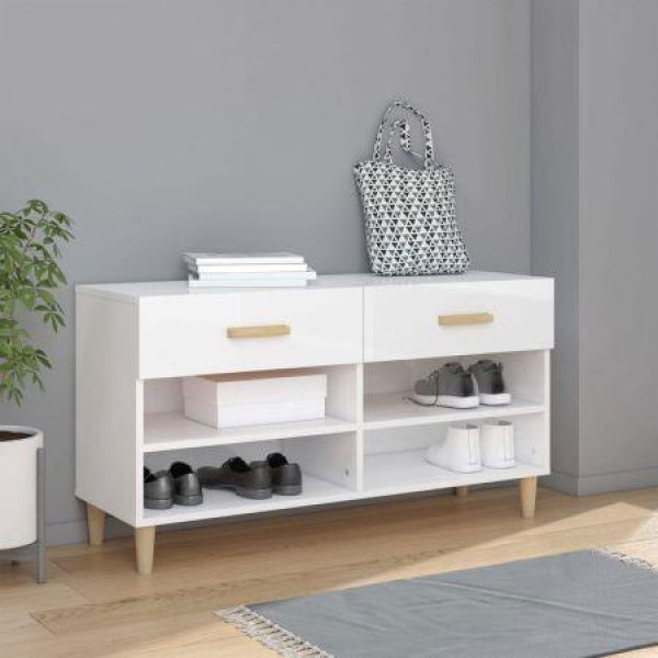 Shoe Cabinet High Gloss White 102x35x55 Cm Engineered Wood