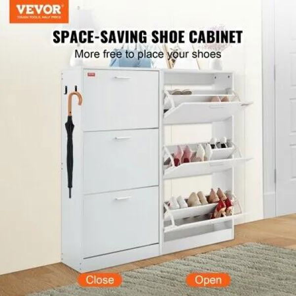 Shoe Cabinet with 3 Flip Drawers, Shoe Storage Cabinet for Entryway, 23.6 x 9.33x 47.2 inch Free Standing Shoe Storage Organizer with Side Hooks for Heels, Boots, Slippers in Hallway, Living Room